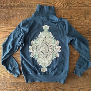 Pink Lotus Teal Embroidered Zip Up Sweater